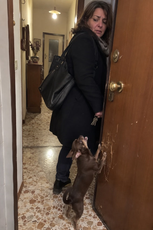 Chihuahua che aspetta dietro la porta